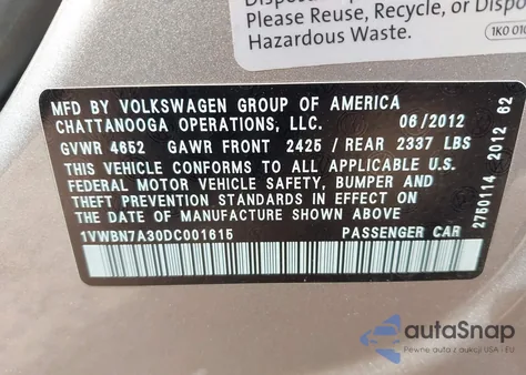 2013 Volkswagen Passat 2.0L Tdi Se z USA, uszkodzony, nr VIN 1VWBN7A30DC001615